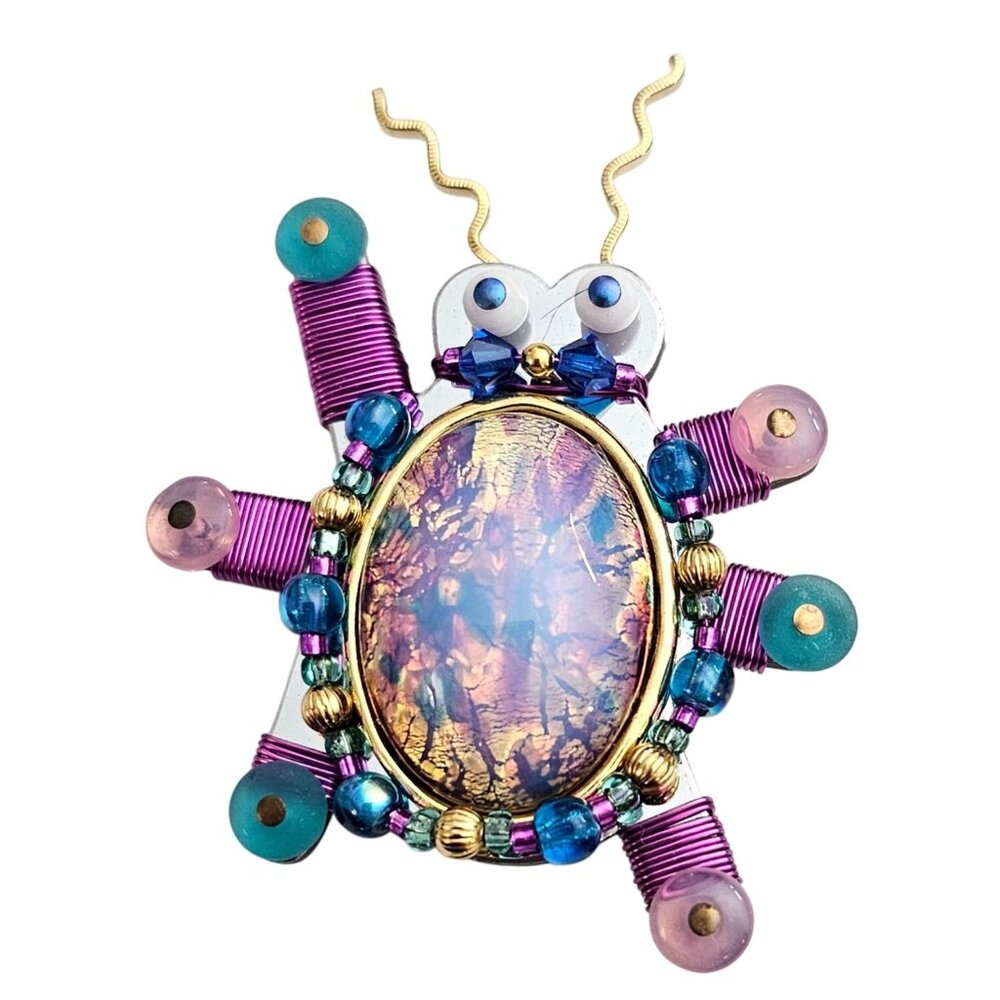 Liztech, 2000 Art Glass Pink Foiled Robin's Egg Blue Bug Brooch Pin Signed C981